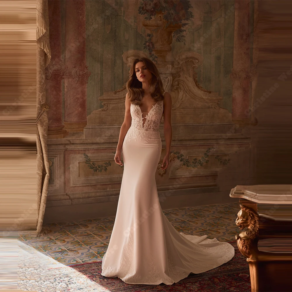Sexy Lace Printing Women Wedding Dresses Elegant V-Neck Satin Mermaid Bridal Gowns Mopping Length Vestidos De Novias Customized
Sexy Lace Printing Women Wedding Dresses Elegant V-Neck Satin Mermaid Bridal Gowns Mopping Length Vestidos De Novias Customized