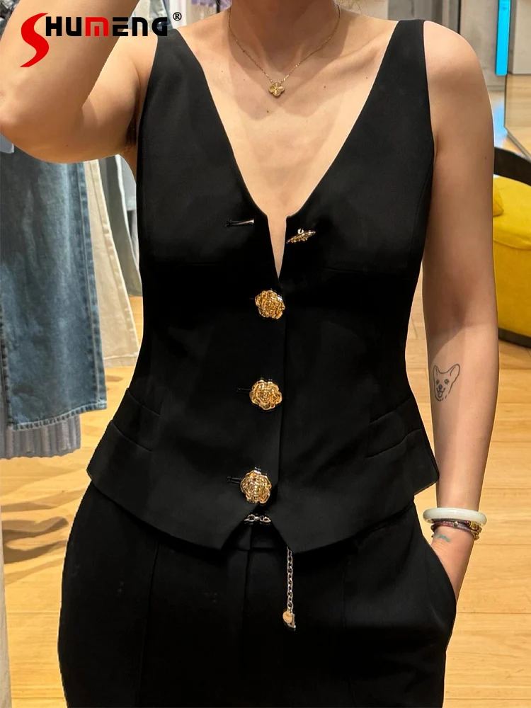 Ladies Black Suit Vests Women's 2025 Spring Autumn New Fashion Vest Female High-end Sleeveless Button Decoration Chic Tank Tops
Ladies Black Suit Vests Women's 2025 Spring Autumn New Fashion Vest Female High-end Sleeveless Button Decoration Chic Tank Tops
