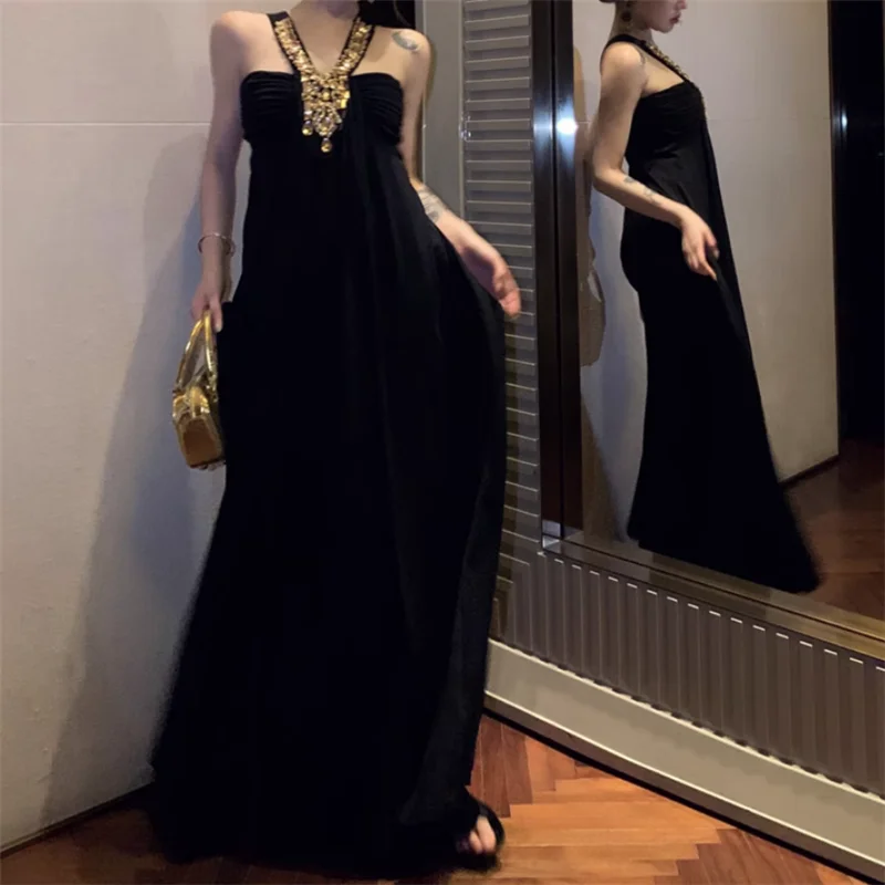 Fashion Diamonds Beads Halter Black Long Birthday Dress Robe Celebrity Women Off Shoulder Sleeveless A Line Evening Party Dress
Fashion Diamonds Beads Halter Black Long Birthday Dress Robe Celebrity Women Off Shoulder Sleeveless A Line Evening Party Dress