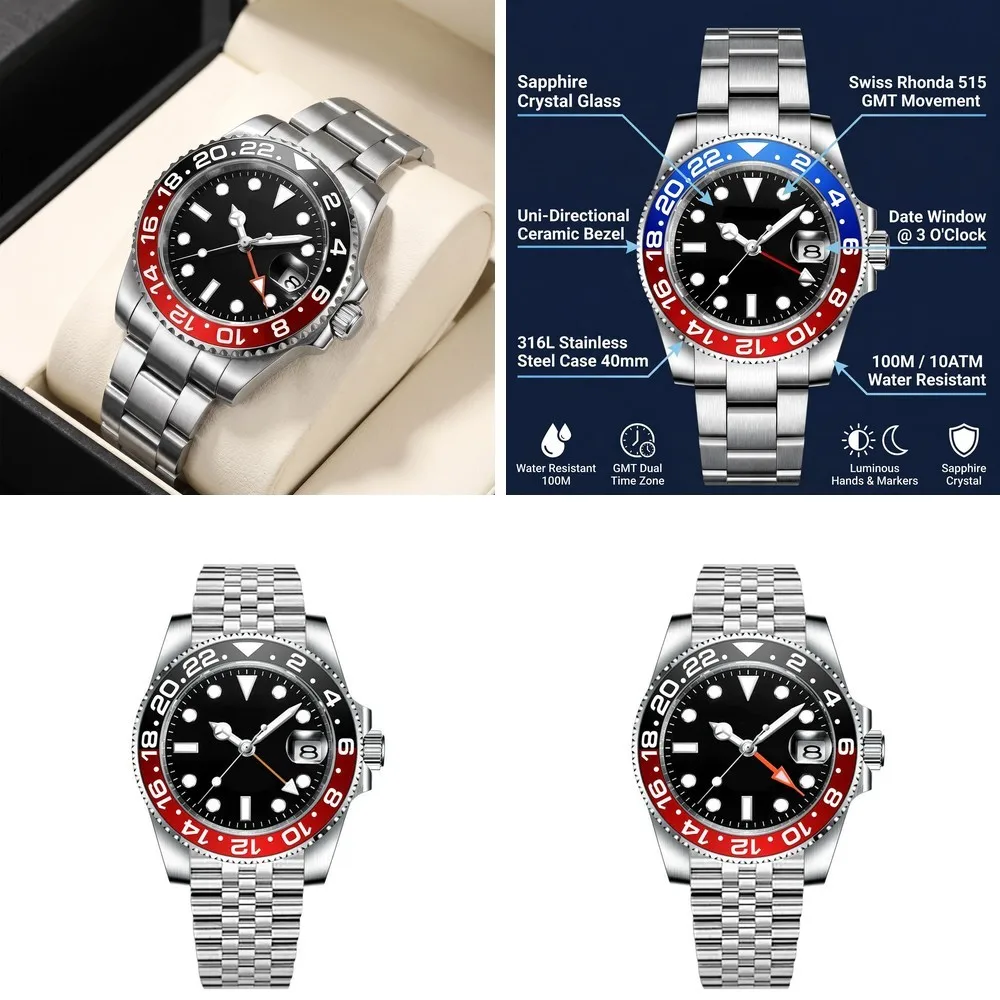Moq 5 units wholesale price custom logo high quality luxury watch Men Mechanical GMT Wristwatch Stainless Steel
Moq 5 units wholesale price custom logo high quality luxury watch Men Mechanical GMT Wristwatch Stainless Steel