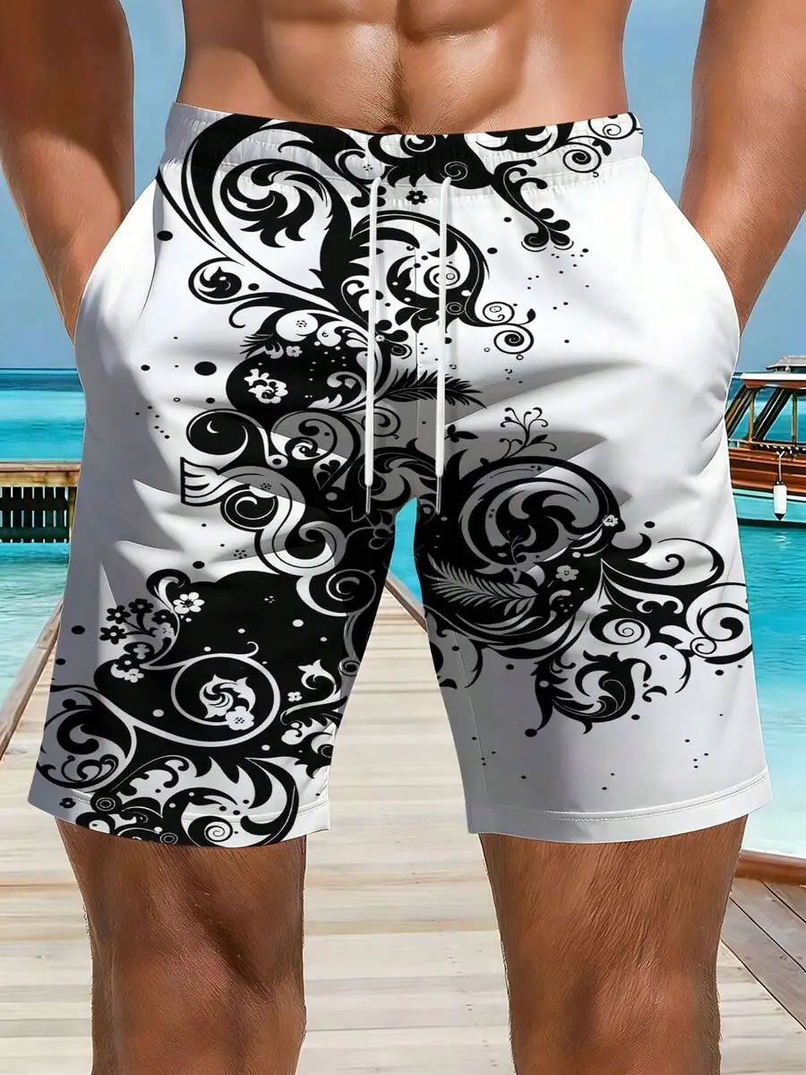 Mens Beach Shorts With Black And White Floral Swirl Print
Mens Beach Shorts With Black And White Floral Swirl Print