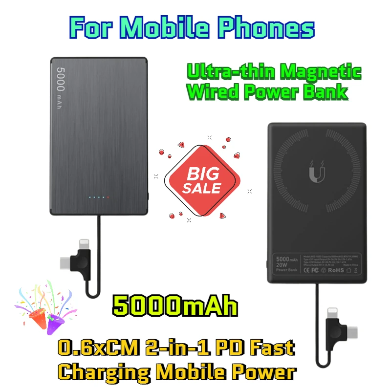 5000mAh Ultra-thin Magnetic Wired Power Bank with Built-in Cable, 0.6xCM 2-in-1 PD Fast Charging Mobile Power for Mobile Phones
5000mAh Ultra-thin Magnetic Wired Power Bank with Built-in Cable, 0.6xCM 2-in-1 PD Fast Charging Mobile Power for Mobile Phones
