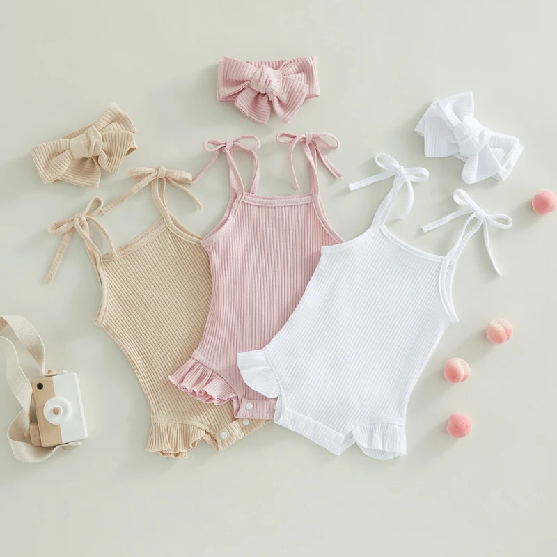 Summer Infant Girls Romper Solid Color Knitted Ribbed Tie-Up Spaghetti Straps Sleeveless Ruffles Baby Bodysuits with Headband
Summer Infant Girls Romper Solid Color Knitted Ribbed Tie-Up Spaghetti Straps Sleeveless Ruffles Baby Bodysuits with Headband