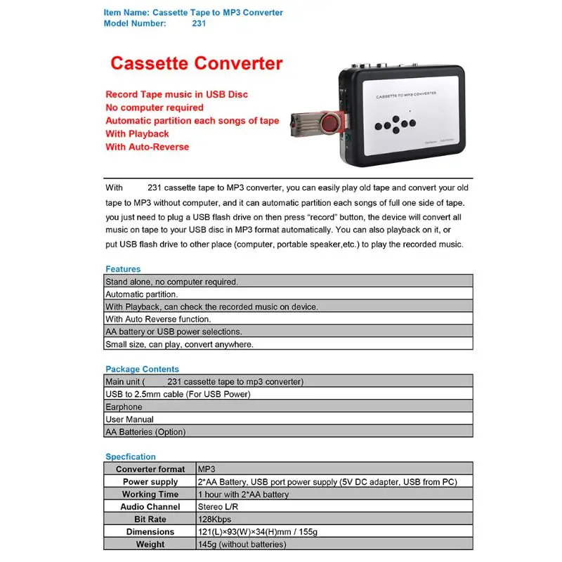 Преобразование лент в USB-накопитель USB-порт Блок питания Захват USB-кассеты Прямая поставка
Преобразование лент в USB-накопитель USB-порт Блок питания Захват USB-кассеты Прямая поставка