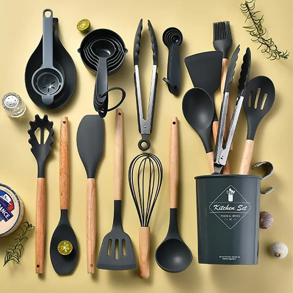 34Pcs Silicone Utensils Set Black Non-Stick Cookware Wooden Handle Spatula Shovel Egg Beaters Kitchenware Kitchen Accessories
34Pcs Silicone Utensils Set Black Non-Stick Cookware Wooden Handle Spatula Shovel Egg Beaters Kitchenware Kitchen Accessories