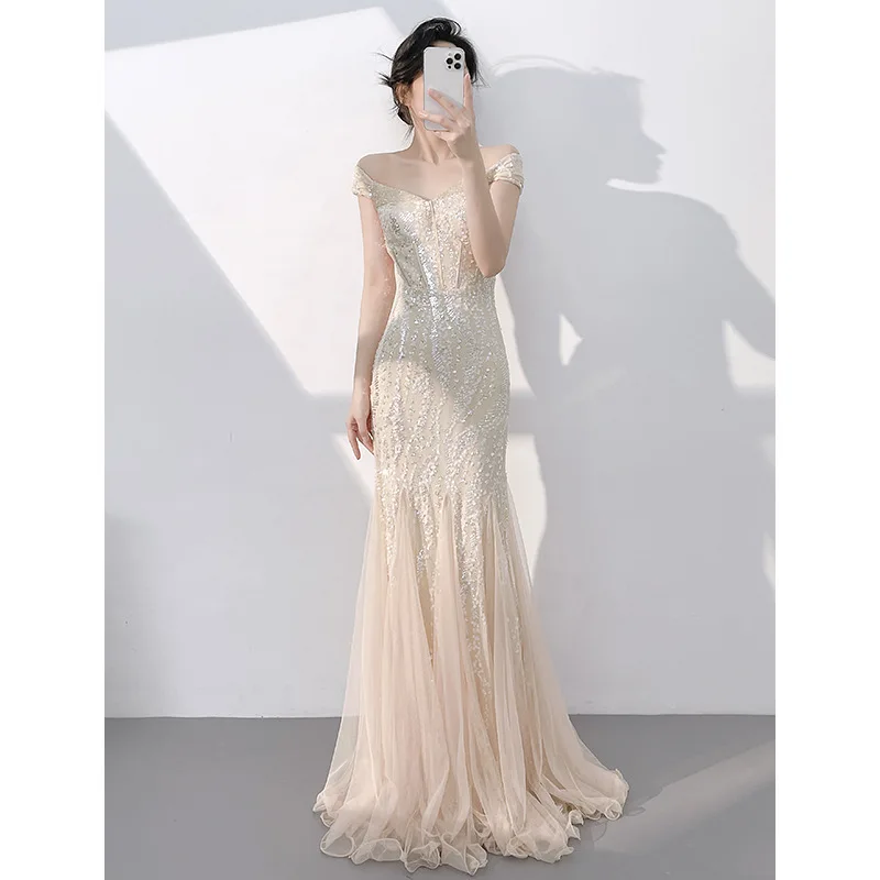 Champagne Evening Dress for Women 2026 New High-Grade Elegant and Beautiful Host off-Shoulder Fishtail Sequins Long Dress
Champagne Evening Dress for Women 2026 New High-Grade Elegant and Beautiful Host off-Shoulder Fishtail Sequins Long Dress