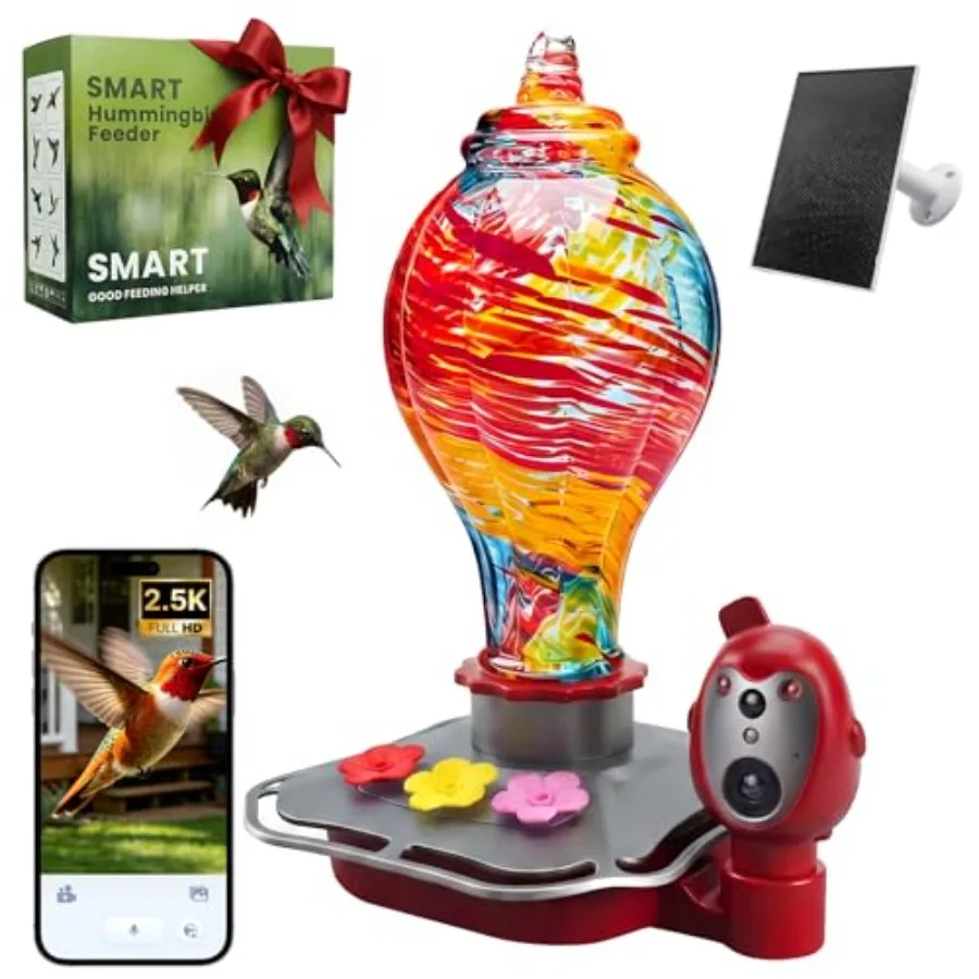 Smart hummingbird feeder for outdoor use, hand-blown glass, red, solar-powered with 2.5K HD camera, AI recognition, water level
Smart hummingbird feeder for outdoor use, hand-blown glass, red, solar-powered with 2.5K HD camera, AI recognition, water level