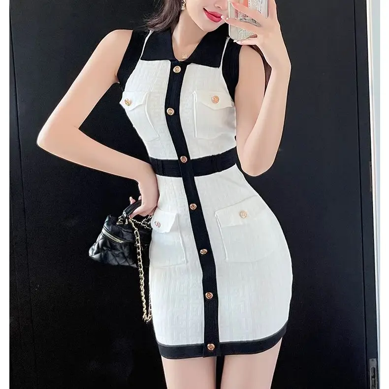 Knitted Sleeveless Dress For Women's Summer Mini Dress Elegant Lady Color Match Single Breasted Slim Fit Buttocks Vintage Skirt
Knitted Sleeveless Dress For Women's Summer Mini Dress Elegant Lady Color Match Single Breasted Slim Fit Buttocks Vintage Skirt