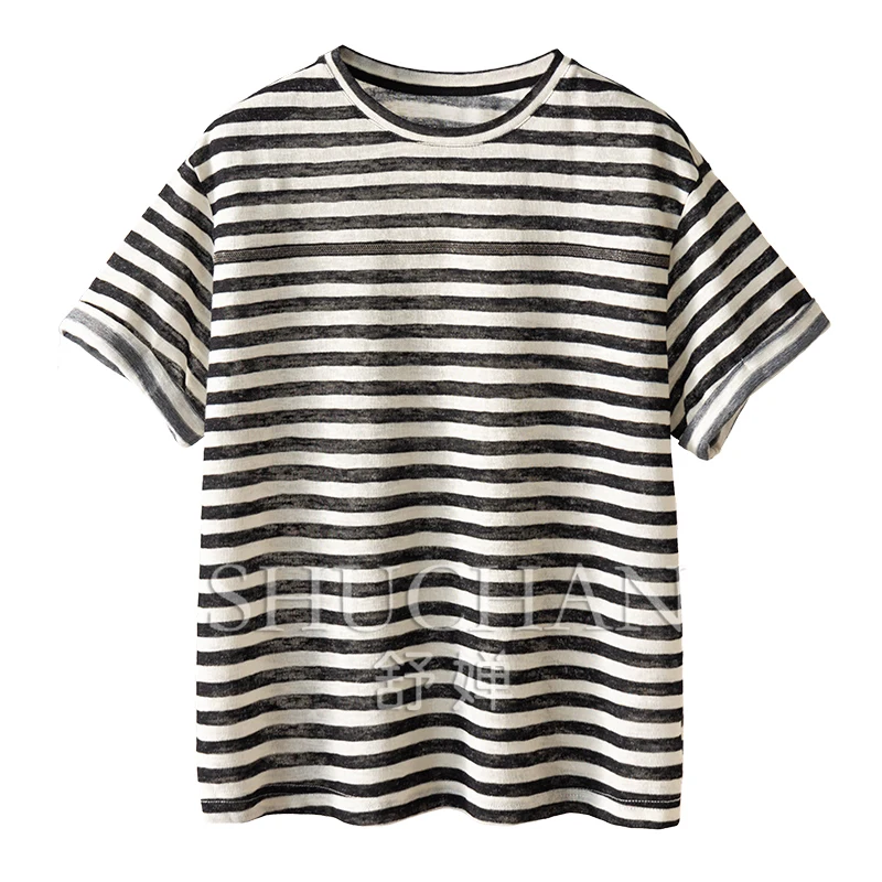 Striped High Quality Cotton Linen Crew Neck Knitted Short-sleeved T-shirt Women Summer 5W83
Striped High Quality Cotton Linen Crew Neck Knitted Short-sleeved T-shirt Women Summer 5W83