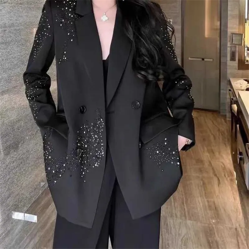 Spring Autumn New High-grade Drill Bright Black Suit Jacket Female Fashion Double-Breasted Casual Loose Blazer Coat Women B948
Spring Autumn New High-grade Drill Bright Black Suit Jacket Female Fashion Double-Breasted Casual Loose Blazer Coat Women B948