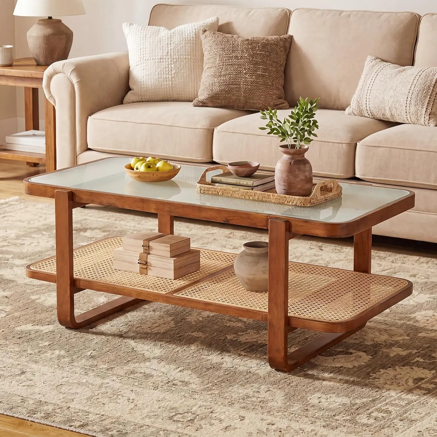 41.5" Rattan Coffee Table with Storage & Frosted Tempered Glass Wood Boho Accent Modern Living Room Walnut, Customized
41.5" Rattan Coffee Table with Storage & Frosted Tempered Glass Wood Boho Accent Modern Living Room Walnut, Customized