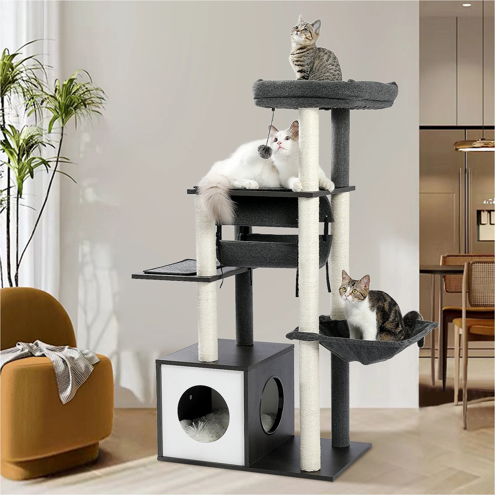 Multi-Level Wood Cat Tree with Tunnel Sisal Sctraching Post Large Condo Hammock Modern Cat Tower for Indoor Cat Accessories Toys
Multi-Level Wood Cat Tree with Tunnel Sisal Sctraching Post Large Condo Hammock Modern Cat Tower for Indoor Cat Accessories Toys