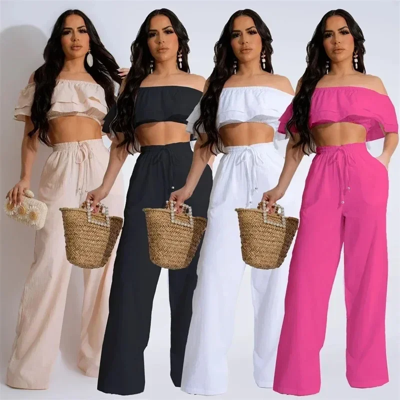 Elegant Two Piece Outfits Women Summer Holiday Ruffles Slash Neck Off the Shoulder Crop Top and Wide Leg Pants Matching Sets
Elegant Two Piece Outfits Women Summer Holiday Ruffles Slash Neck Off the Shoulder Crop Top and Wide Leg Pants Matching Sets