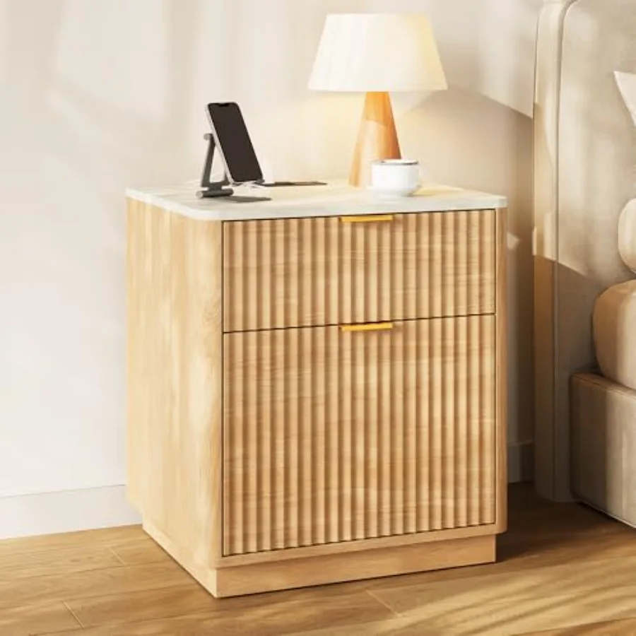 24 Tall Nightstand with Fluted Design Built-in Charging Station Faux Marble Top and Curved Profile 2-Drawer Natural Wood Bedsid
24 Tall Nightstand with Fluted Design Built-in Charging Station Faux Marble Top and Curved Profile 2-Drawer Natural Wood Bedsid