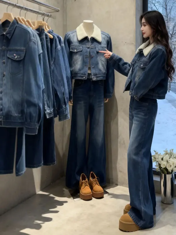 Корейский джинсовый комплект из двух предметов: укороченная куртка и широкие брюки. Уникальный, очень красивый зимний модный наряд из комфортного хлопка.
Корейский джинсовый комплект из двух предметов: укороченная куртка и широкие брюки. Уникальный, очень красивый зимний модный наряд из комфортного хлопка.