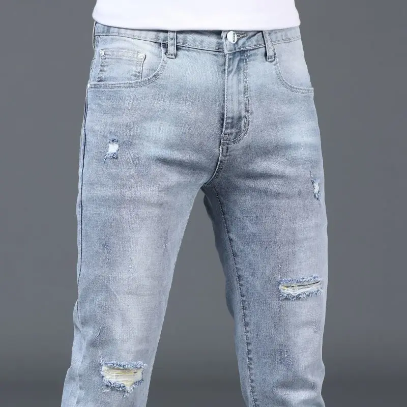 Summer Fashionable Korean-style Designer Stretchy Designer ripped hole Blue Denim Stylish Slim-fit Thin Boyfriend Jeans for Men
Summer Fashionable Korean-style Designer Stretchy Designer ripped hole Blue Denim Stylish Slim-fit Thin Boyfriend Jeans for Men