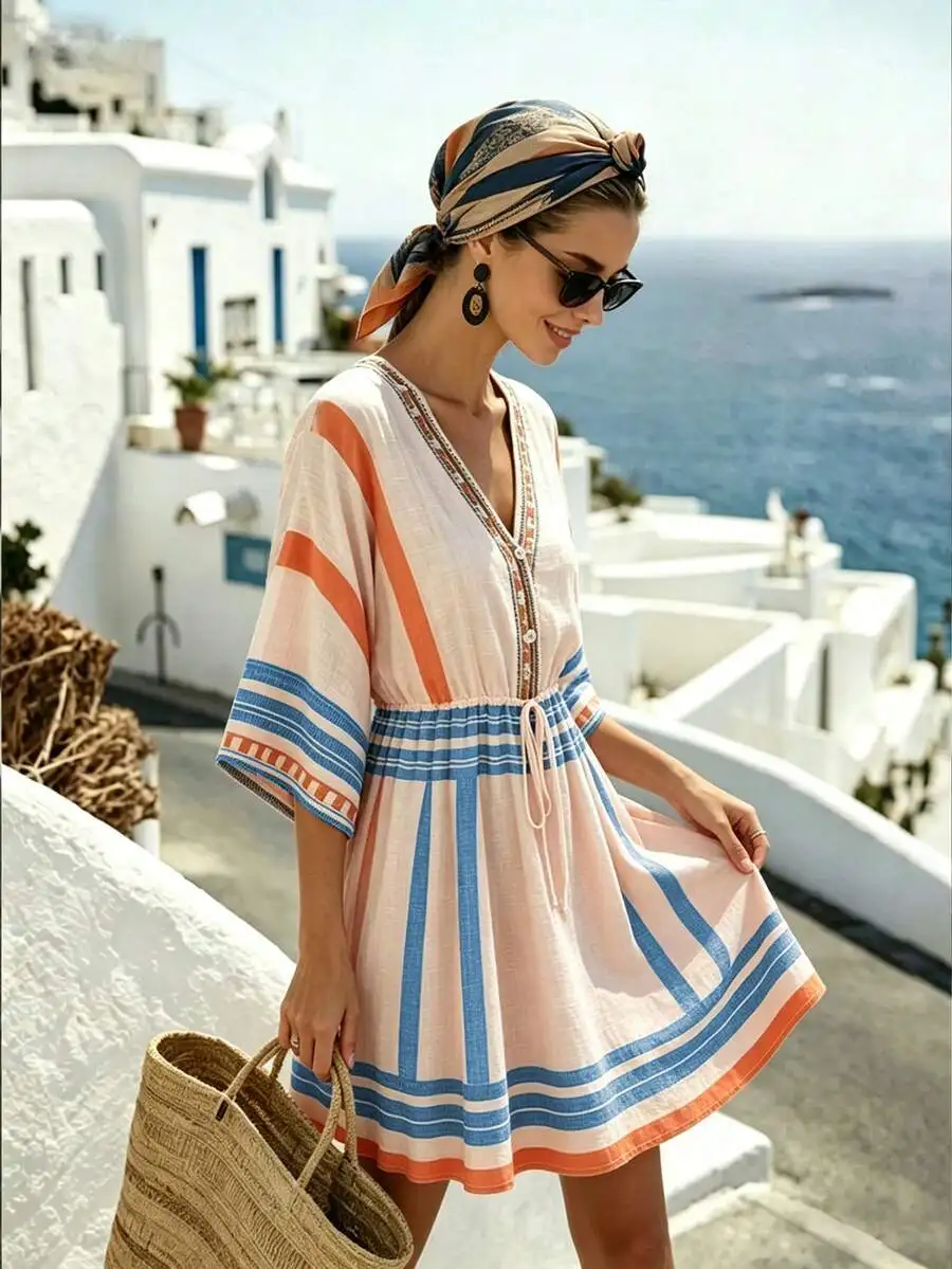 Womens Summer Beach Dress Striped Linen-Feel Casual Holiday Outfit
Womens Summer Beach Dress Striped Linen-Feel Casual Holiday Outfit