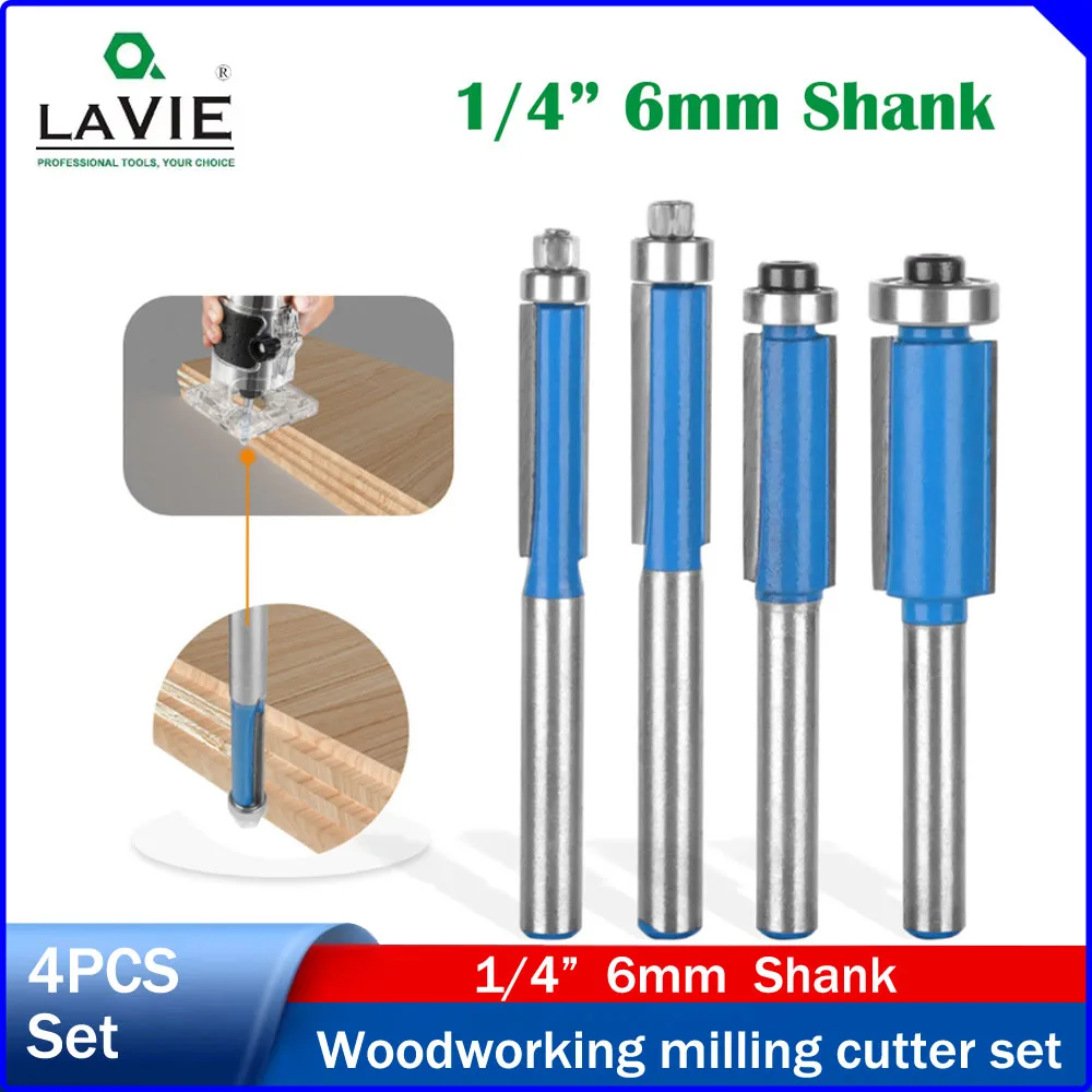 LAVIE 1/4" 6MM Shank Blue Trimming Router Bit, Double Flute Straight Trimming Cutter with Single Bearing for Trimmer
LAVIE 1/4" 6MM Shank Blue Trimming Router Bit, Double Flute Straight Trimming Cutter with Single Bearing for Trimmer