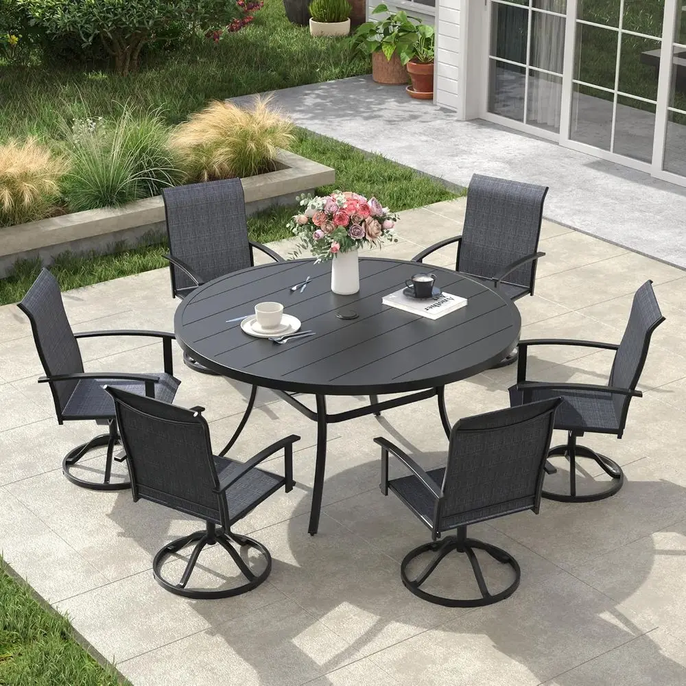 6-Piece Outdoor Dining Set: 50 Round Metal Table with Umbrella Hole and Swivel Chairs in Charcoal and Black
6-Piece Outdoor Dining Set: 50 Round Metal Table with Umbrella Hole and Swivel Chairs in Charcoal and Black