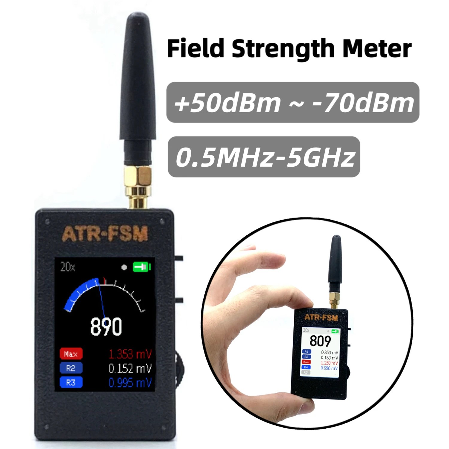 ATR-FSM Portable Field Strength Meter 0.5MHz-5GHz +50dBm~-70dBm Gain Switchable RF Signal Detector
ATR-FSM Portable Field Strength Meter 0.5MHz-5GHz +50dBm~-70dBm Gain Switchable RF Signal Detector