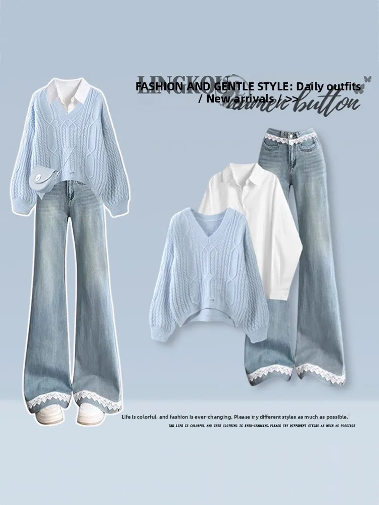 Women's Autumn Winter Gentle Style Knitted Sweater Jeans Hole Three Piece Set Luxury Casual High Waist Long Sleeve V Neck
Women's Autumn Winter Gentle Style Knitted Sweater Jeans Hole Three Piece Set Luxury Casual High Waist Long Sleeve V Neck