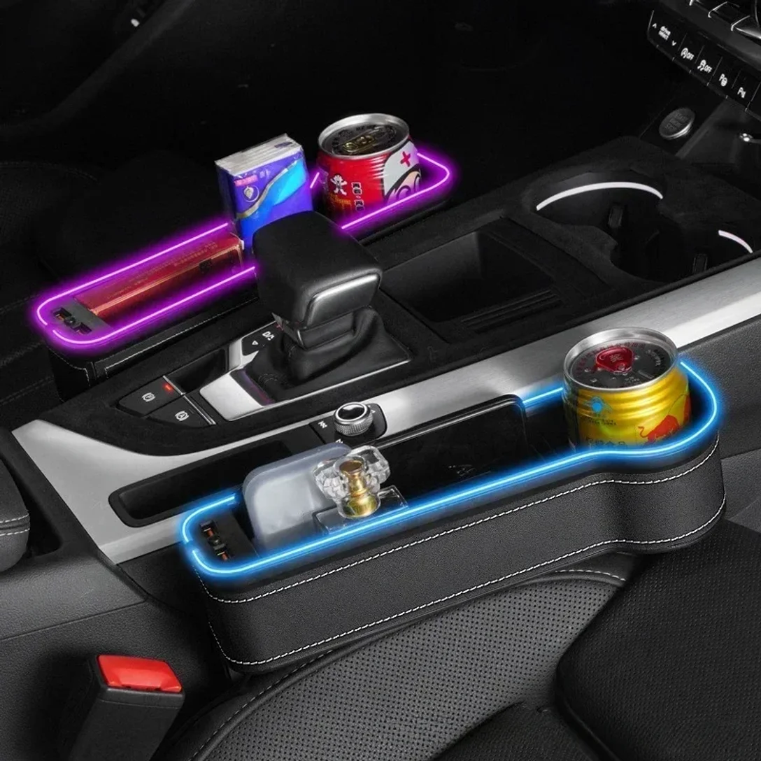 New Car Crevice Storage Box with 2 USB Charger Colorful LED Seat Gap Slit Pocket Seat Organizer Card Phone Bottle Cups Holder
New Car Crevice Storage Box with 2 USB Charger Colorful LED Seat Gap Slit Pocket Seat Organizer Card Phone Bottle Cups Holder