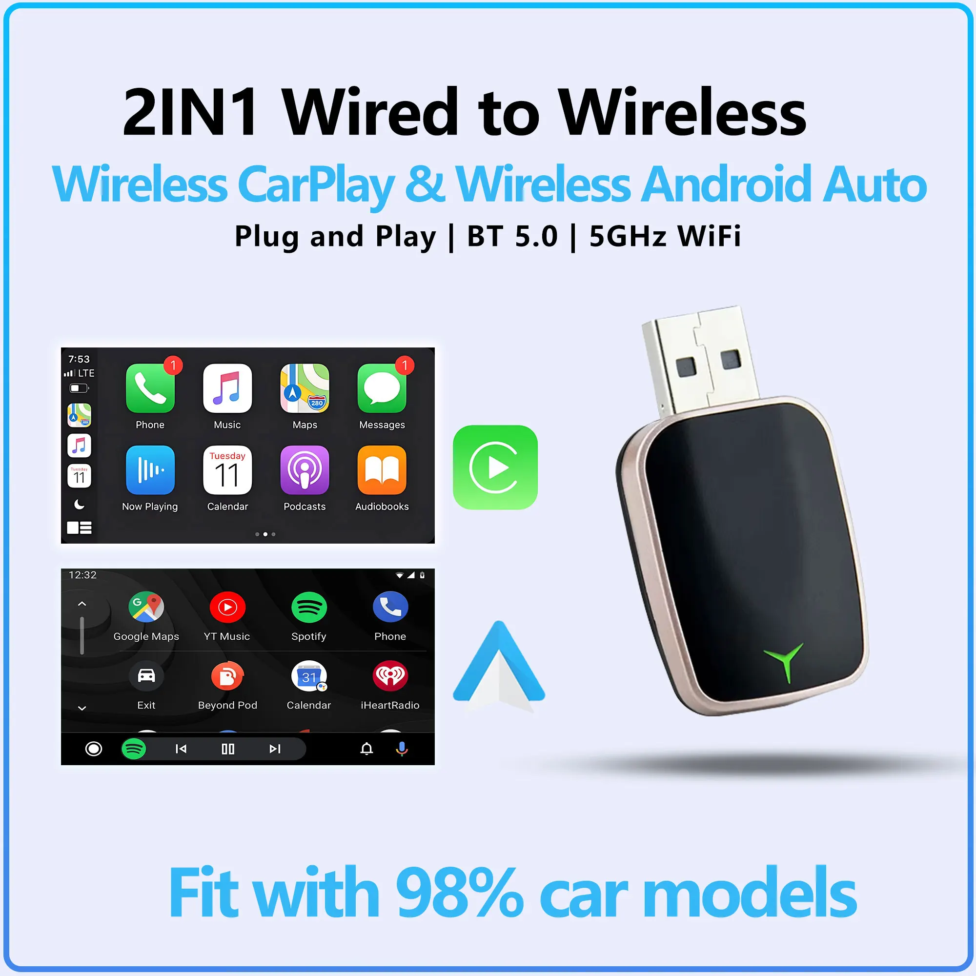 New 2in1 Wired To Wireless CarPlay & Android Auto Adapter Car Accessories for Benz Audi Kia Hyundai VW Toyota Waze AI Box WiFi
New 2in1 Wired To Wireless CarPlay & Android Auto Adapter Car Accessories for Benz Audi Kia Hyundai VW Toyota Waze AI Box WiFi
