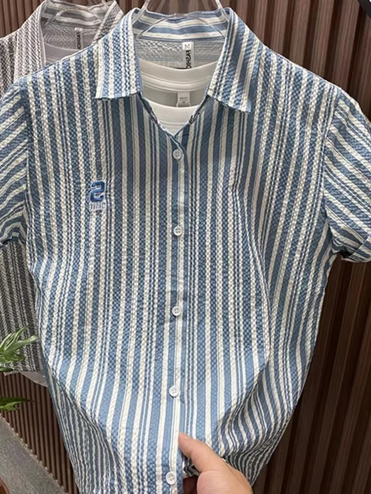 Casual Blue Striped Short Sleeve Men's Shirt Summer Thin Non-iron Breathable Slim Fit Collar Standup Embroidered Shirt
Casual Blue Striped Short Sleeve Men's Shirt Summer Thin Non-iron Breathable Slim Fit Collar Standup Embroidered Shirt
