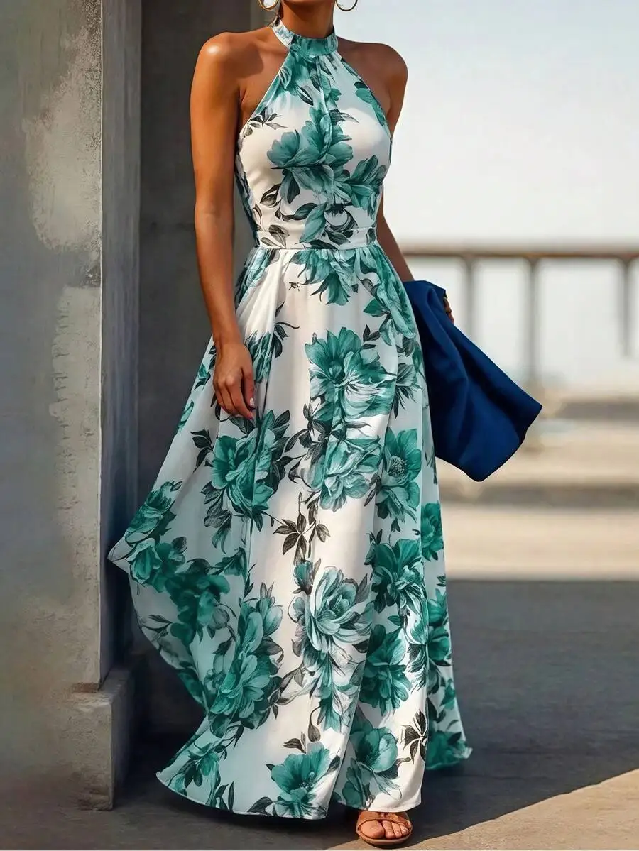 Elegant Floral Print Halter Neck Backless Maxi Dress For Summer Vacation Party
Elegant Floral Print Halter Neck Backless Maxi Dress For Summer Vacation Party