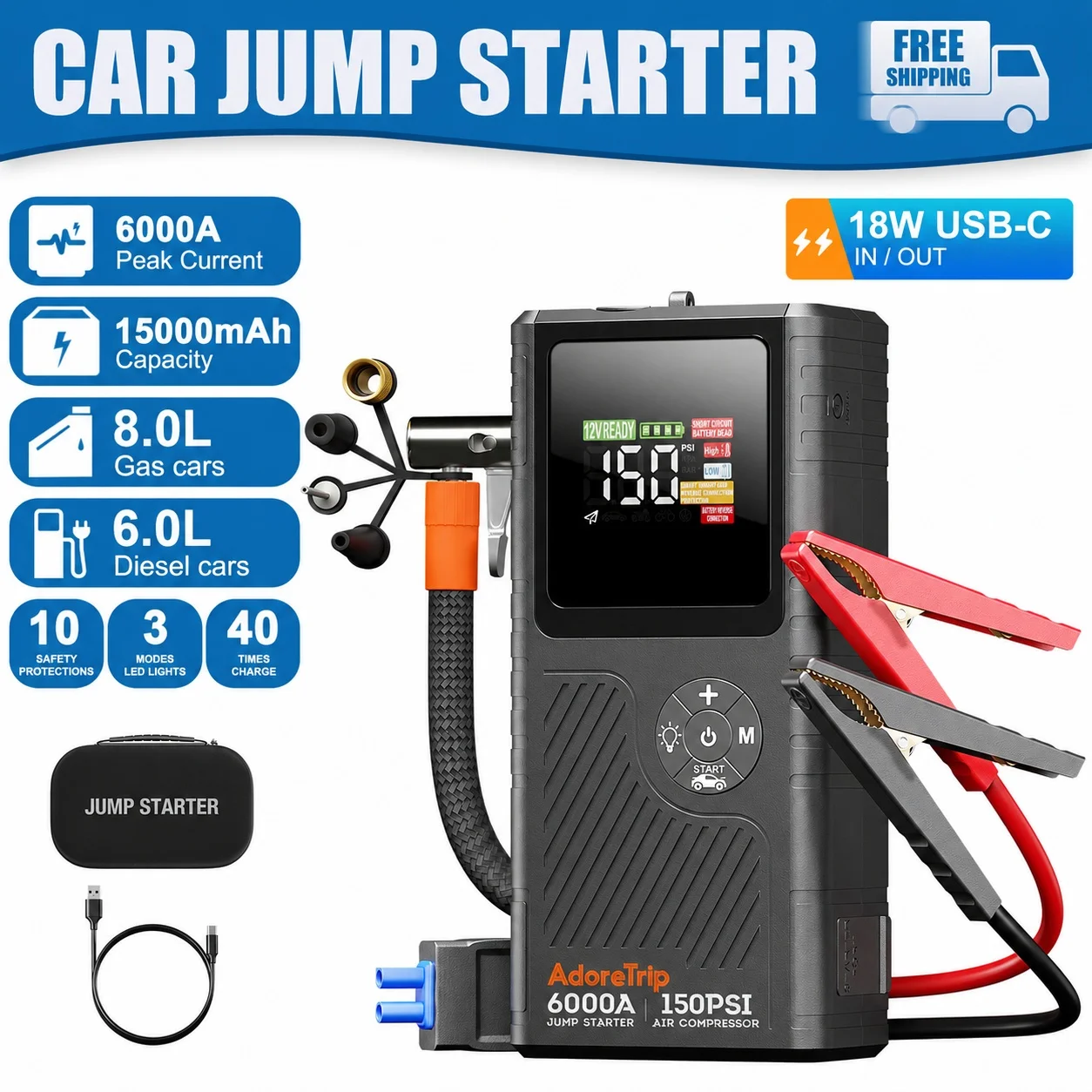 AdoreTrip 6000A Car Jump Starter With Air Compressor Up to 150PSI,Portable Power Bank,Battery Jump Starter WIth Smart Display
AdoreTrip 6000A Car Jump Starter With Air Compressor Up to 150PSI,Portable Power Bank,Battery Jump Starter WIth Smart Display