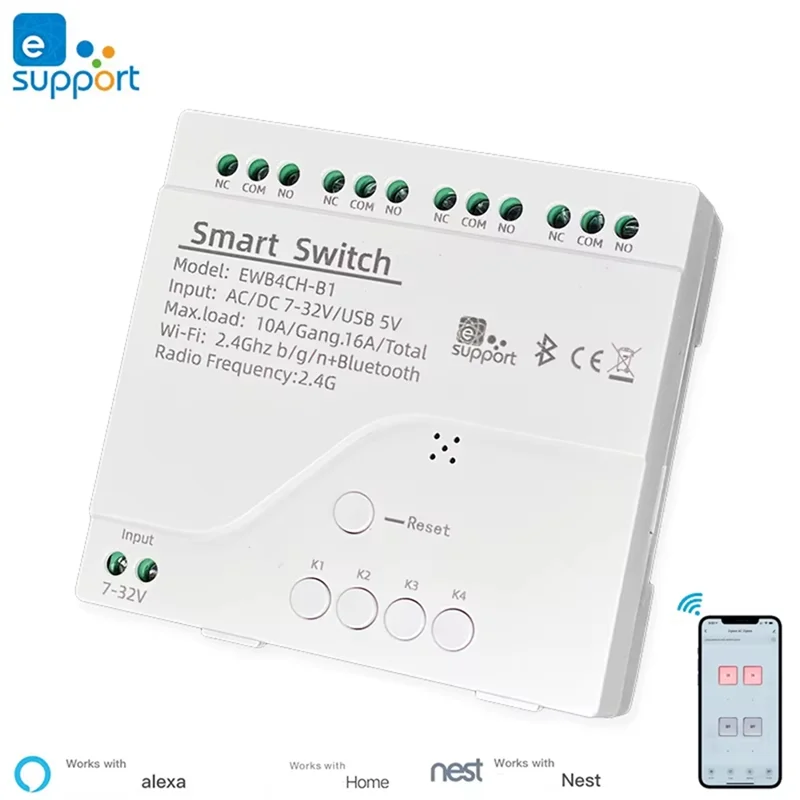 ABMF-Ewelink Smart Switch 4-канальный интеллектуальный переключатель Wi-Fi Bluetooth Беспроводной сухой контактный релейный переключатель 7-32 В
ABMF-Ewelink Smart Switch 4-канальный интеллектуальный переключатель Wi-Fi Bluetooth Беспроводной сухой контактный релейный переключатель 7-32 В