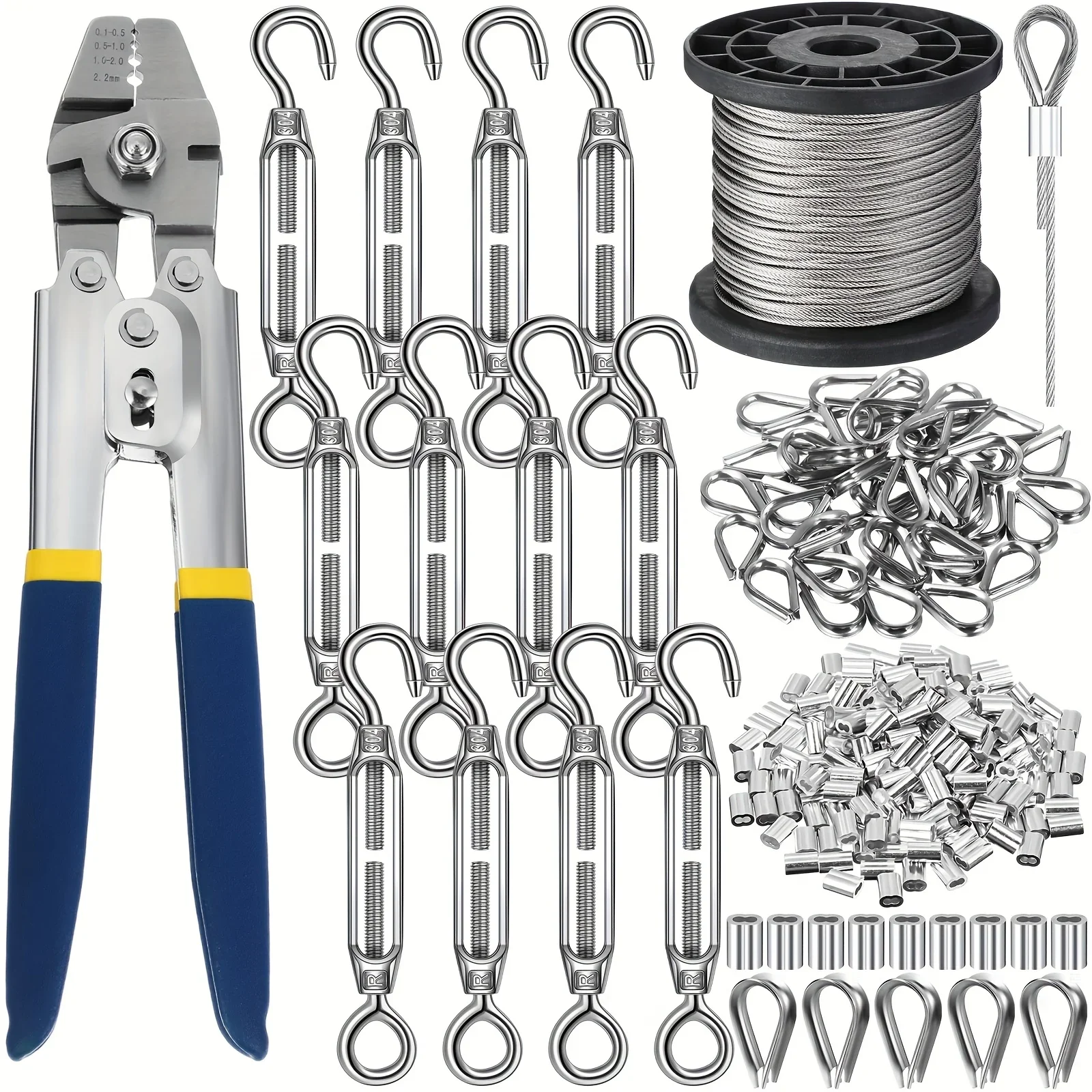 DDHOME 264pcs 328ft Wire Rope Crimping Tool Kit Hook And Eye Turnbuckle Stainless Steel Thimble Wire Rope Cable Aluminum Crimping Sleeve for Outdoor Garden Kitchen Railing String Light Hanging Kit
DDHOME 264pcs 328ft Wire Rope Crimping Tool Kit Hook And Eye Turnbuckle Stainless Steel Thimble Wire Rope Cable Aluminum Crimping Sleeve for Outdoor Garden Kitchen Railing String Light Hanging Kit