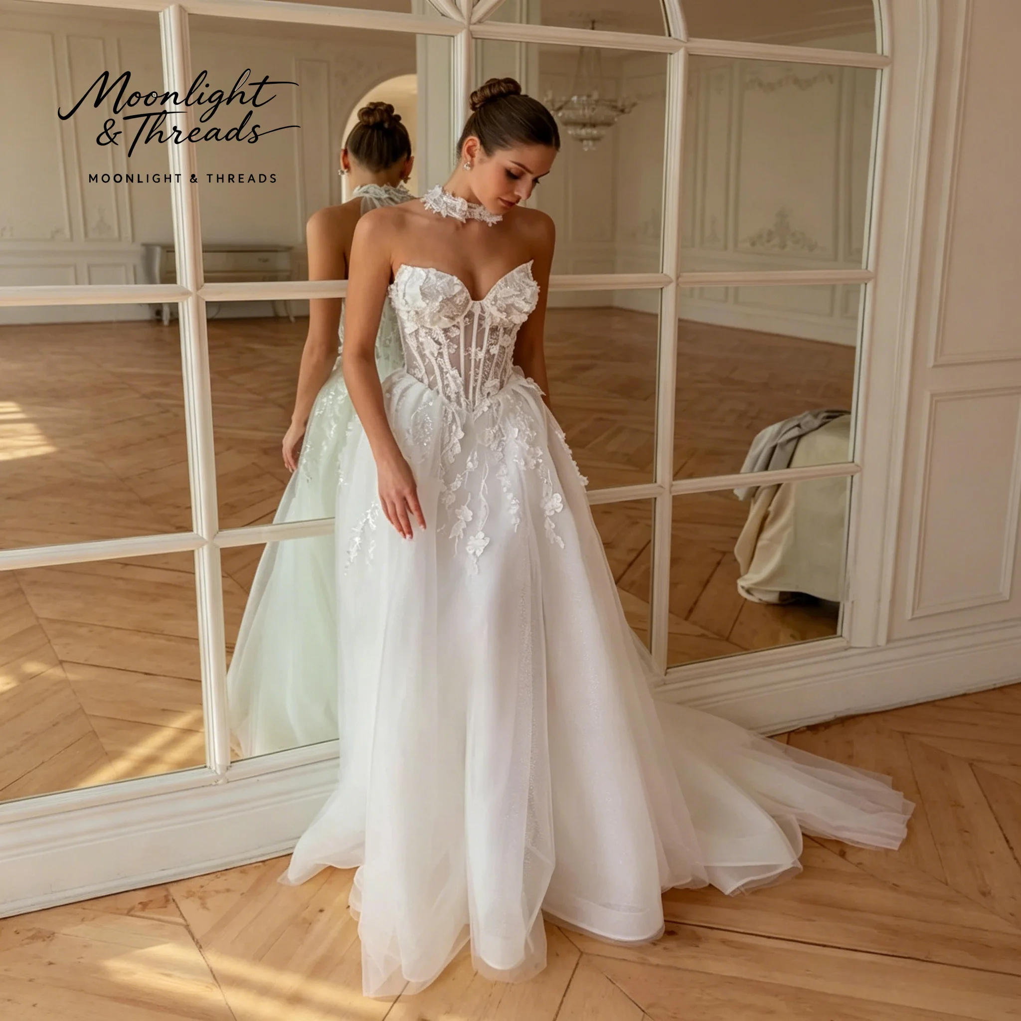 White strapless sleeveless floor-length formal wedding gown featuring a voluminous skirt boning embroidery and a slit hem
White strapless sleeveless floor-length formal wedding gown featuring a voluminous skirt boning embroidery and a slit hem