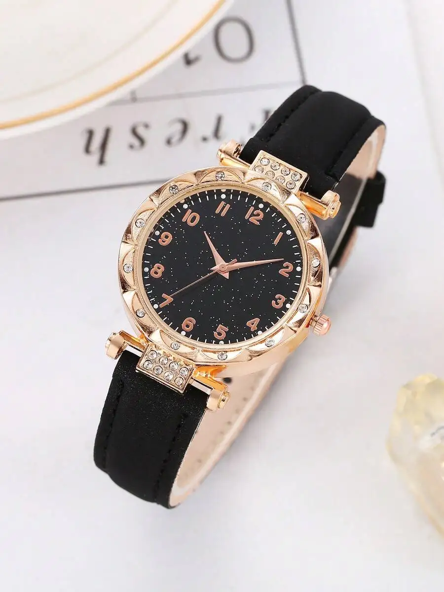Black Starry Sky Numeral Quartz Watch With Rhinestone Bezel And Black Leather Strap
Black Starry Sky Numeral Quartz Watch With Rhinestone Bezel And Black Leather Strap