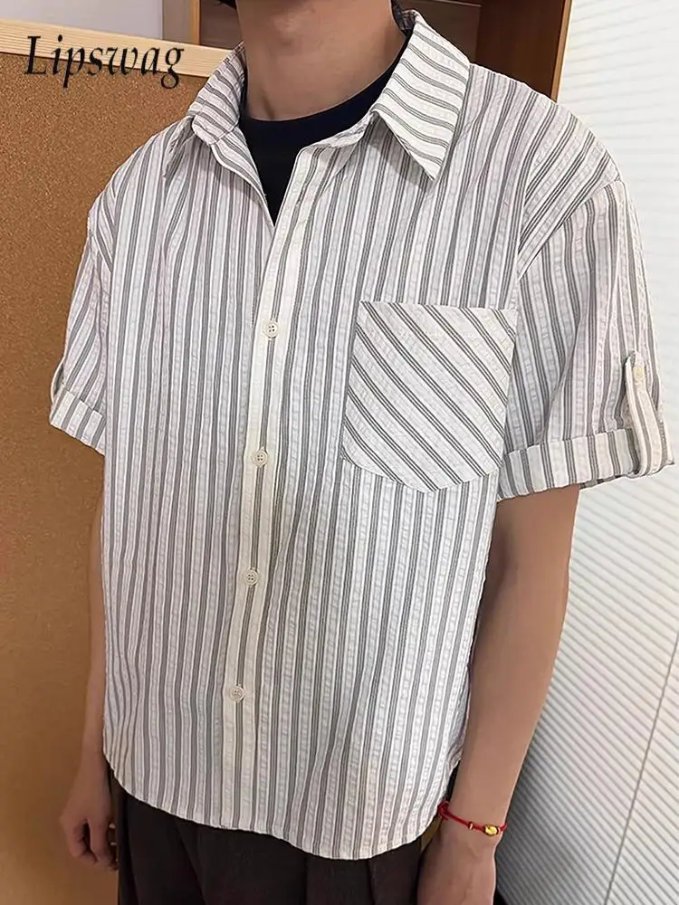 Vintage Striped Textured Shirts Mens Streetwear Summer Fashion Buttoned Lapel Short Sleeve Shirt Outdoor Casual Men Loose Shirts
Vintage Striped Textured Shirts Mens Streetwear Summer Fashion Buttoned Lapel Short Sleeve Shirt Outdoor Casual Men Loose Shirts