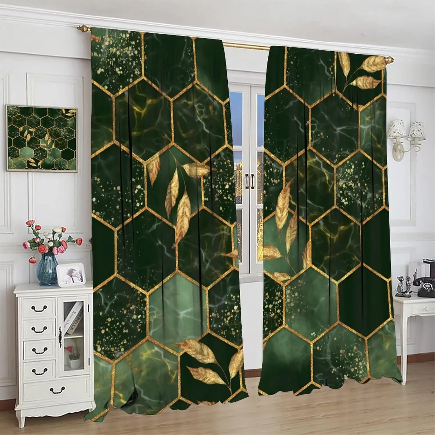 Marble Blackout Curtain,Emerald Green Abstract Geometry Hexagon Pattern Texture Yellow Leaves Art Golden Foil Texture Rod Pocket
Marble Blackout Curtain,Emerald Green Abstract Geometry Hexagon Pattern Texture Yellow Leaves Art Golden Foil Texture Rod Pocket