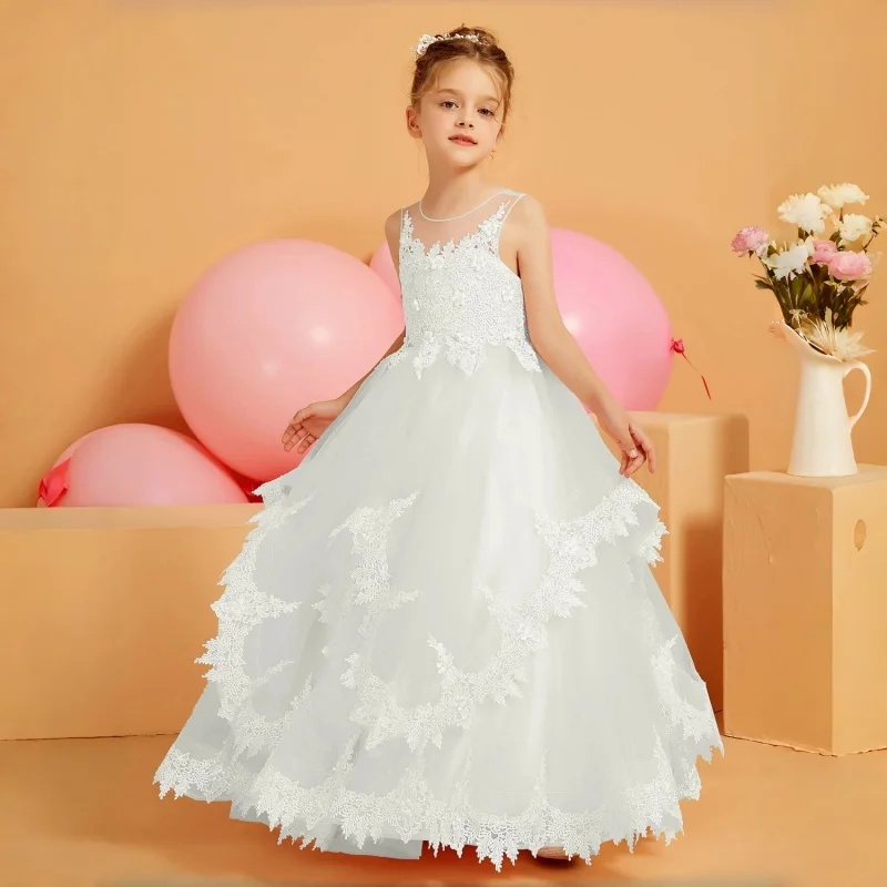 Sleeveless Lace Flower Girl Dress Illusion Round Neck Full Lace Hollow Back Pearl Buttons Tiered Floral Lace Hem Wedding Gown
Sleeveless Lace Flower Girl Dress Illusion Round Neck Full Lace Hollow Back Pearl Buttons Tiered Floral Lace Hem Wedding Gown
