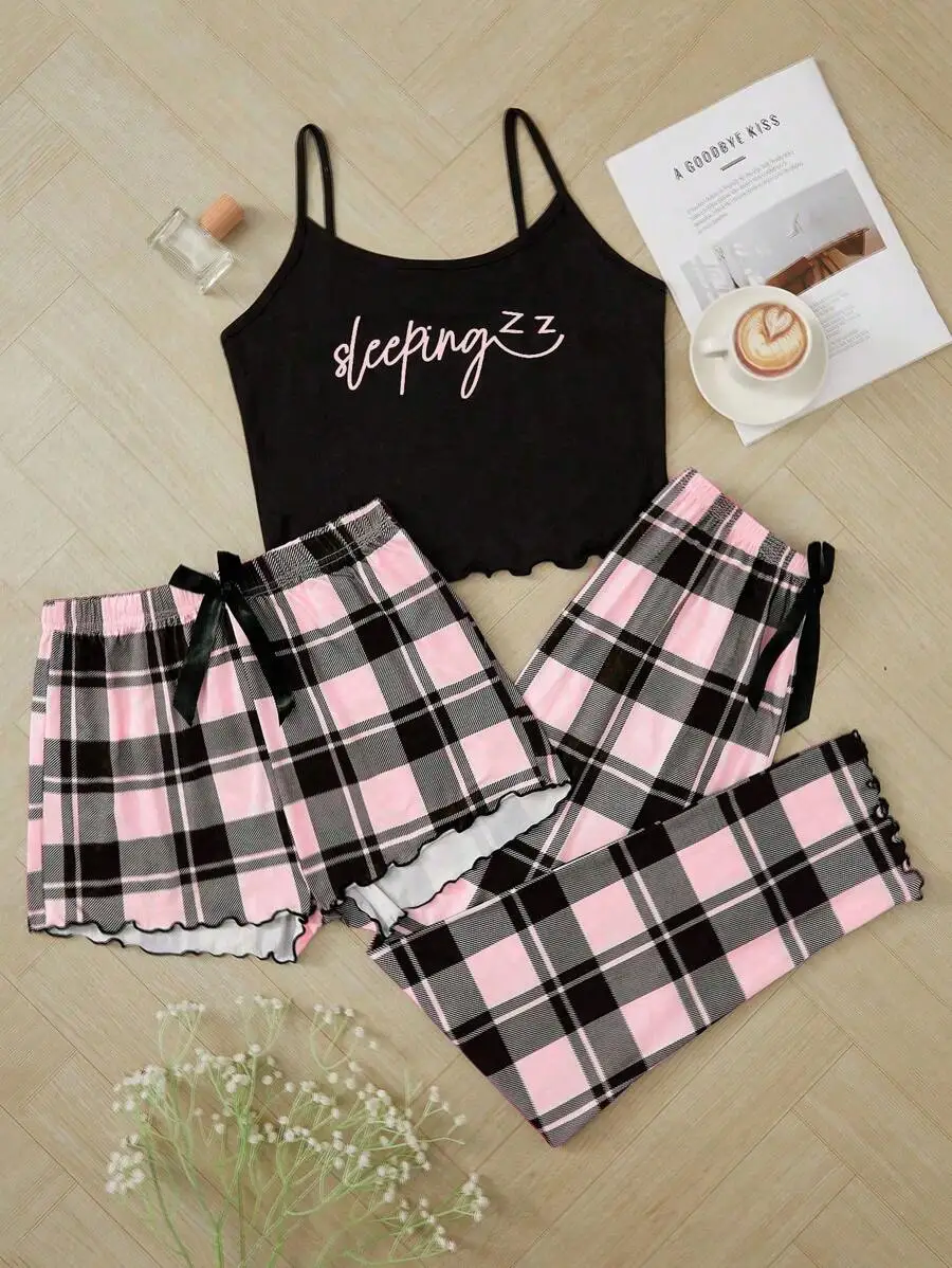 3-Piece Womens Sleepwear Set: Letter Print Camisole, Plaid Shorts And Pants
3-Piece Womens Sleepwear Set: Letter Print Camisole, Plaid Shorts And Pants