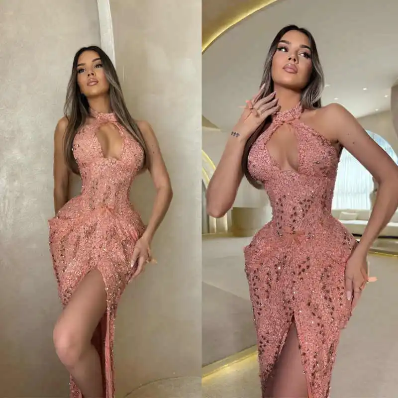 Pink Crystal Evening Prom Dresses Mermaid Sleeveless Lace Prom Dress Halter High Slit Floor-Length Vestido De Noite Customized
Pink Crystal Evening Prom Dresses Mermaid Sleeveless Lace Prom Dress Halter High Slit Floor-Length Vestido De Noite Customized
