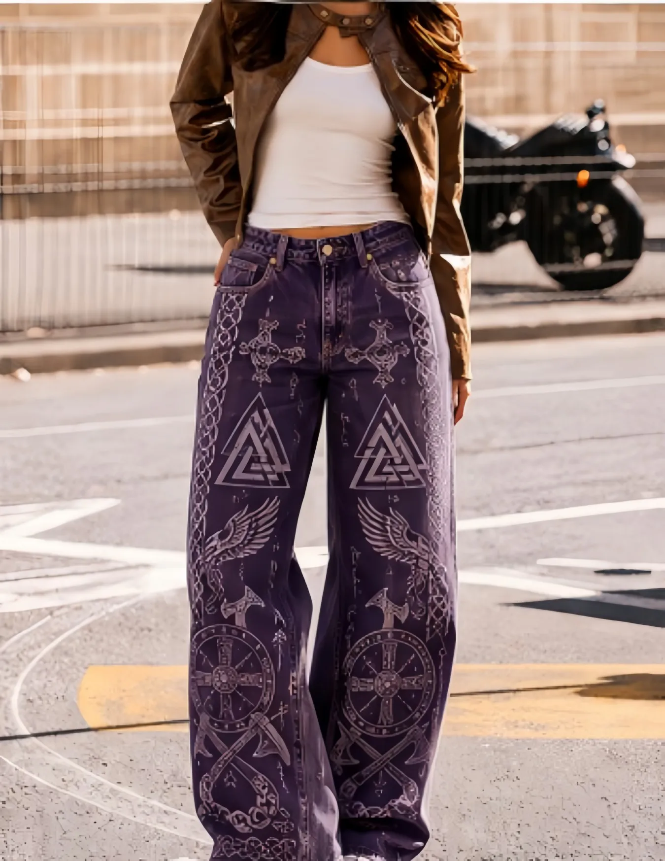 Y2K Gothic Women High Waist Baggy Jeans Norse Valknut Rune Compass Wing Axe Printed Purple Denim Wide Leg Pants Street Casual Trousers
Y2K Gothic Women High Waist Baggy Jeans Norse Valknut Rune Compass Wing Axe Printed Purple Denim Wide Leg Pants Street Casual Trousers