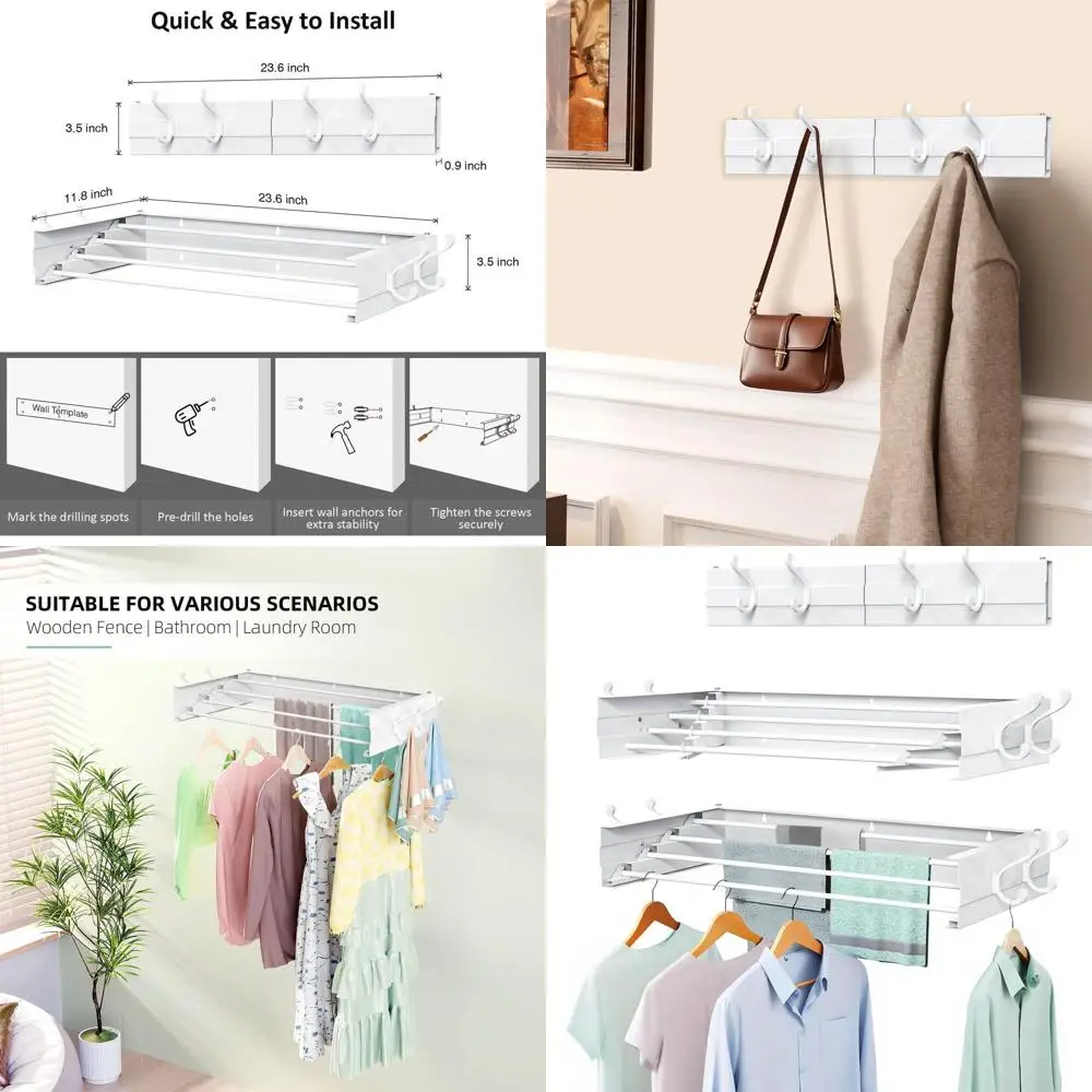 Space-Saving Collapsible Wall-Mounted Drying Rack, 13.2ft, 60 lbs, 4 Aluminum Bars, White, 23.6 Wide
Space-Saving Collapsible Wall-Mounted Drying Rack, 13.2ft, 60 lbs, 4 Aluminum Bars, White, 23.6 Wide