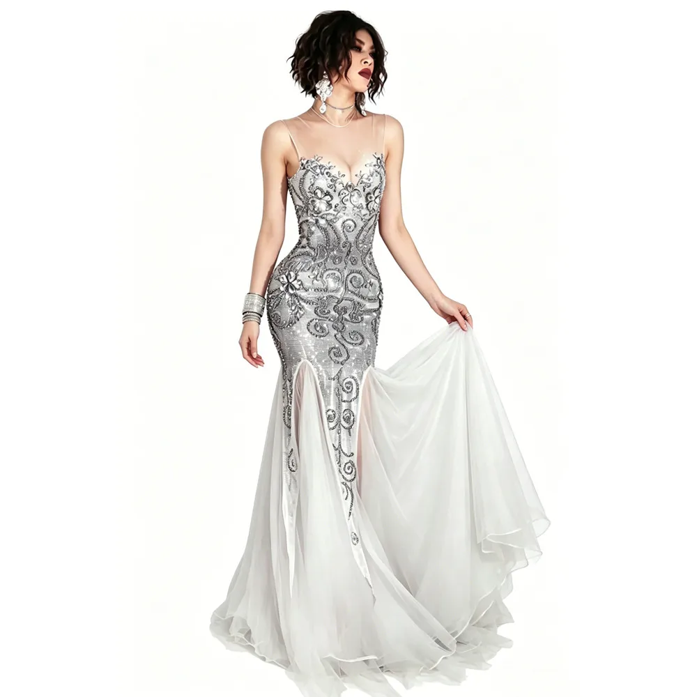 Silver Rhinestones Gauze Trailing Long Dress for Women Prom Evening Party Photo Shoot Wear Model Catwalk Host Stage Costume
Silver Rhinestones Gauze Trailing Long Dress for Women Prom Evening Party Photo Shoot Wear Model Catwalk Host Stage Costume