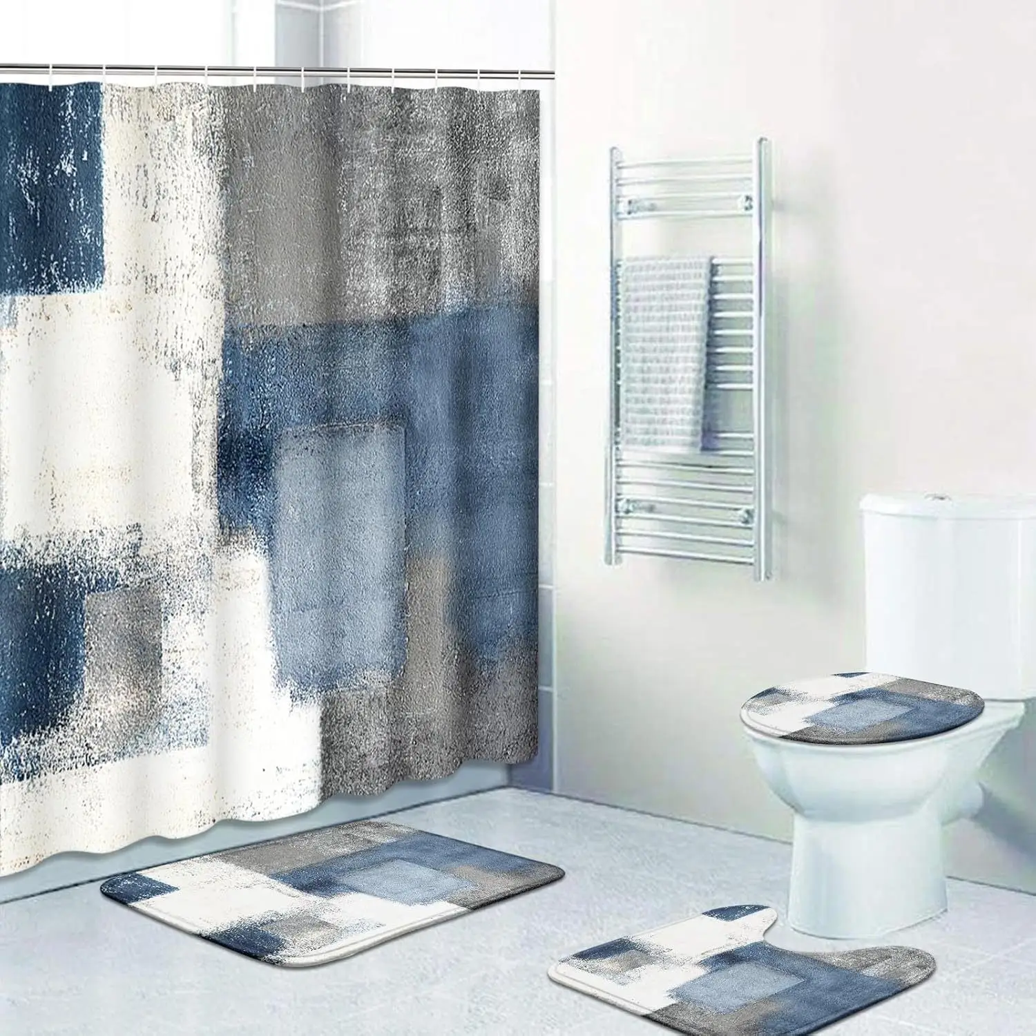 4-piece blue grey abstract bathroom set with shower curtain, rug and accessories, grey vintage lacquer shower curtain set
4-piece blue grey abstract bathroom set with shower curtain, rug and accessories, grey vintage lacquer shower curtain set