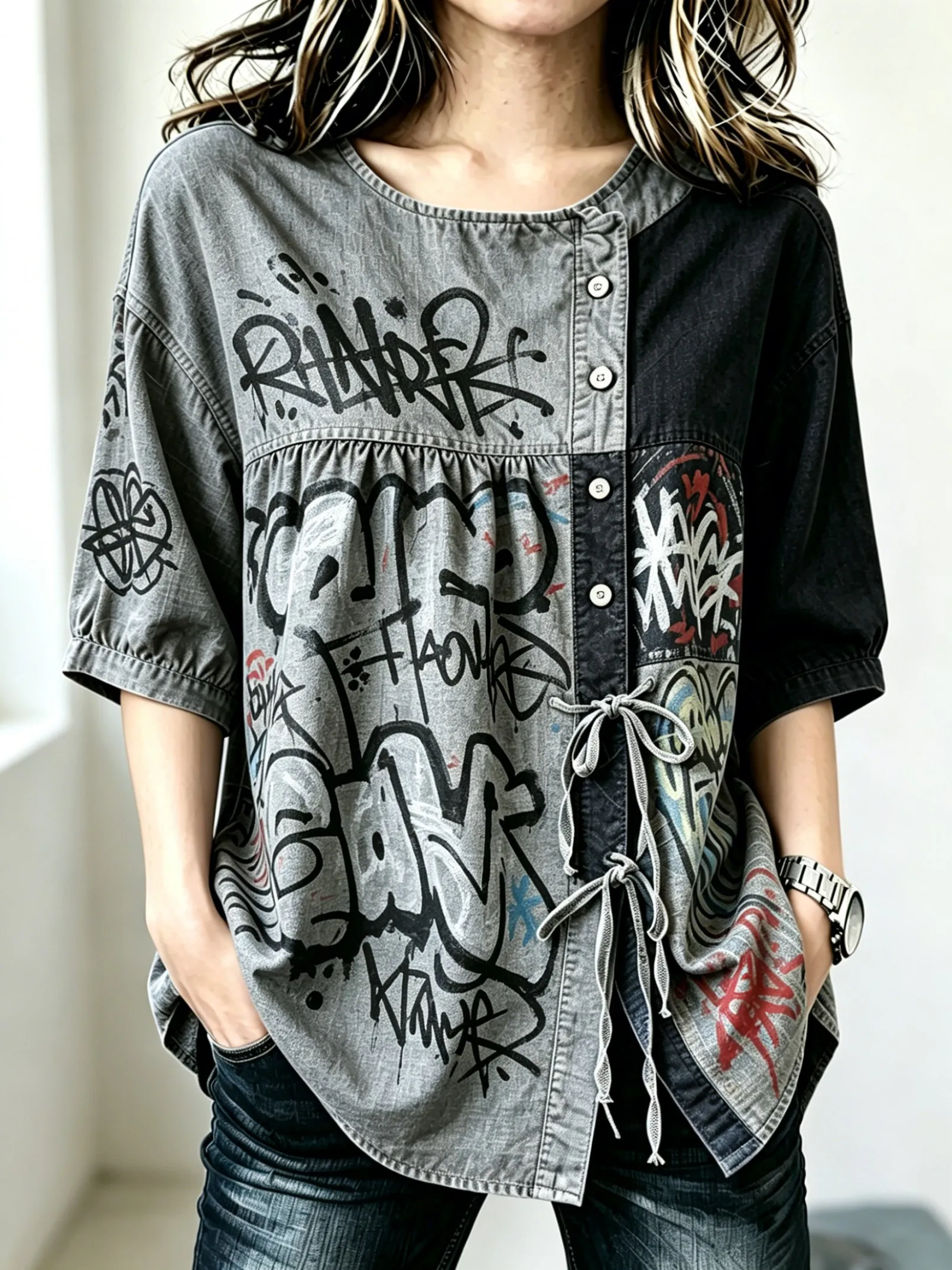 Women's Two-Tone Graffiti Print Drawstring Button Up Blouse, Casual Round Neck Tops for Spring Summer Daily Vacation Wear
Women's Two-Tone Graffiti Print Drawstring Button Up Blouse, Casual Round Neck Tops for Spring Summer Daily Vacation Wear