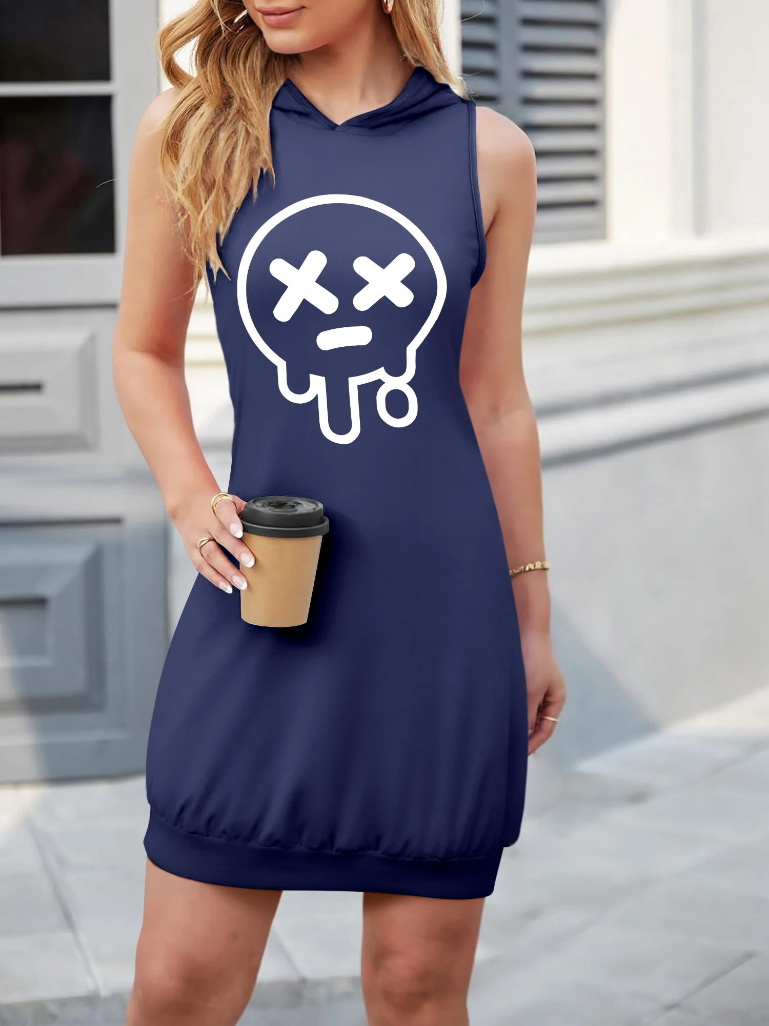Women's Sleeveless Hooded Tank Dress, Melting X-Eye Smiley Print Casual Sweatshirt Dress for Party & Outdoor
Women's Sleeveless Hooded Tank Dress, Melting X-Eye Smiley Print Casual Sweatshirt Dress for Party & Outdoor