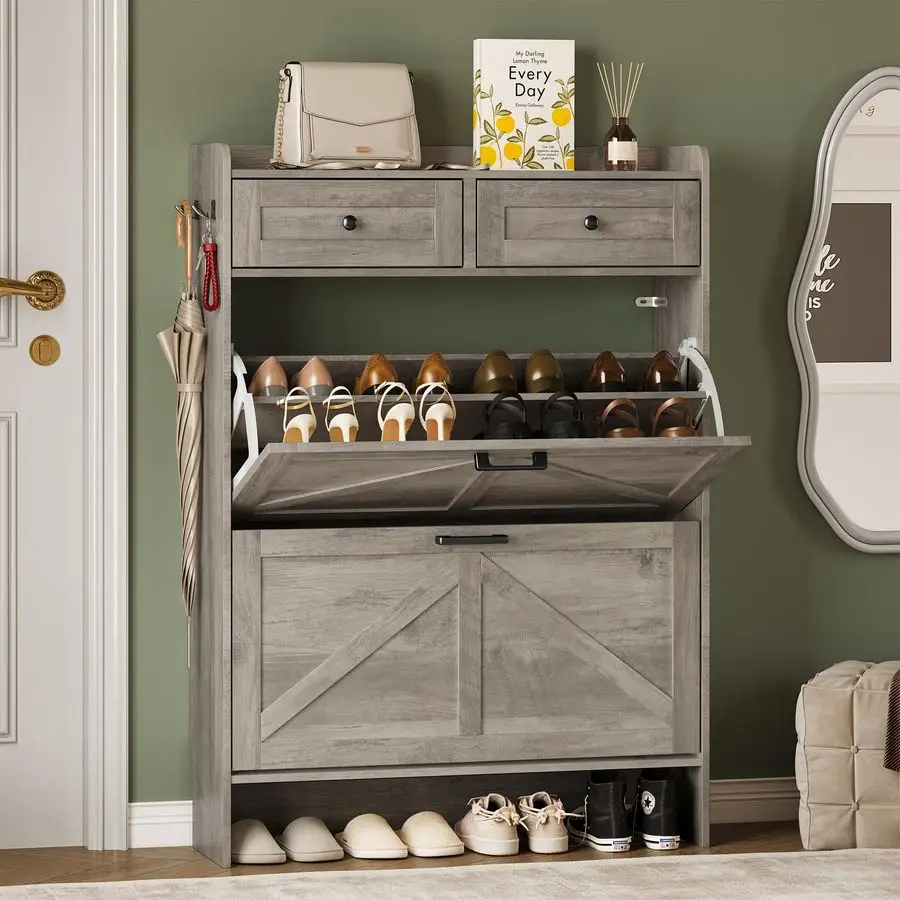 Storage Cabinet for Entryway, Farmhouse Narrow Shoe Cabinet with 2 Flip Drawers amp Top Drawers, Adjustable Shelves Customizable
Storage Cabinet for Entryway, Farmhouse Narrow Shoe Cabinet with 2 Flip Drawers amp Top Drawers, Adjustable Shelves Customizable