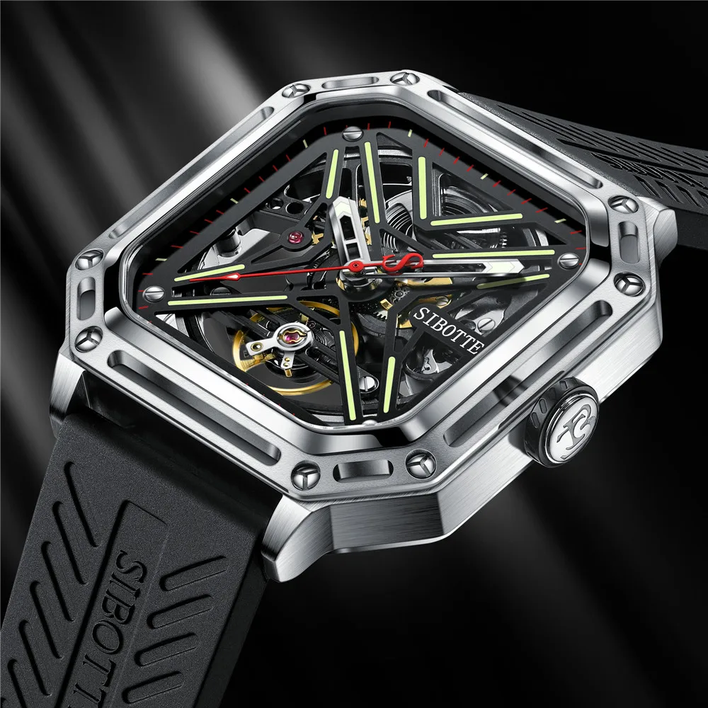 SIBOTTE Men's Luxury Watch Square Hollow Dial Sapphire Mirror 50M Waterproof Mechanical Automatic Timepiece with Silicone Strap
SIBOTTE Men's Luxury Watch Square Hollow Dial Sapphire Mirror 50M Waterproof Mechanical Automatic Timepiece with Silicone Strap