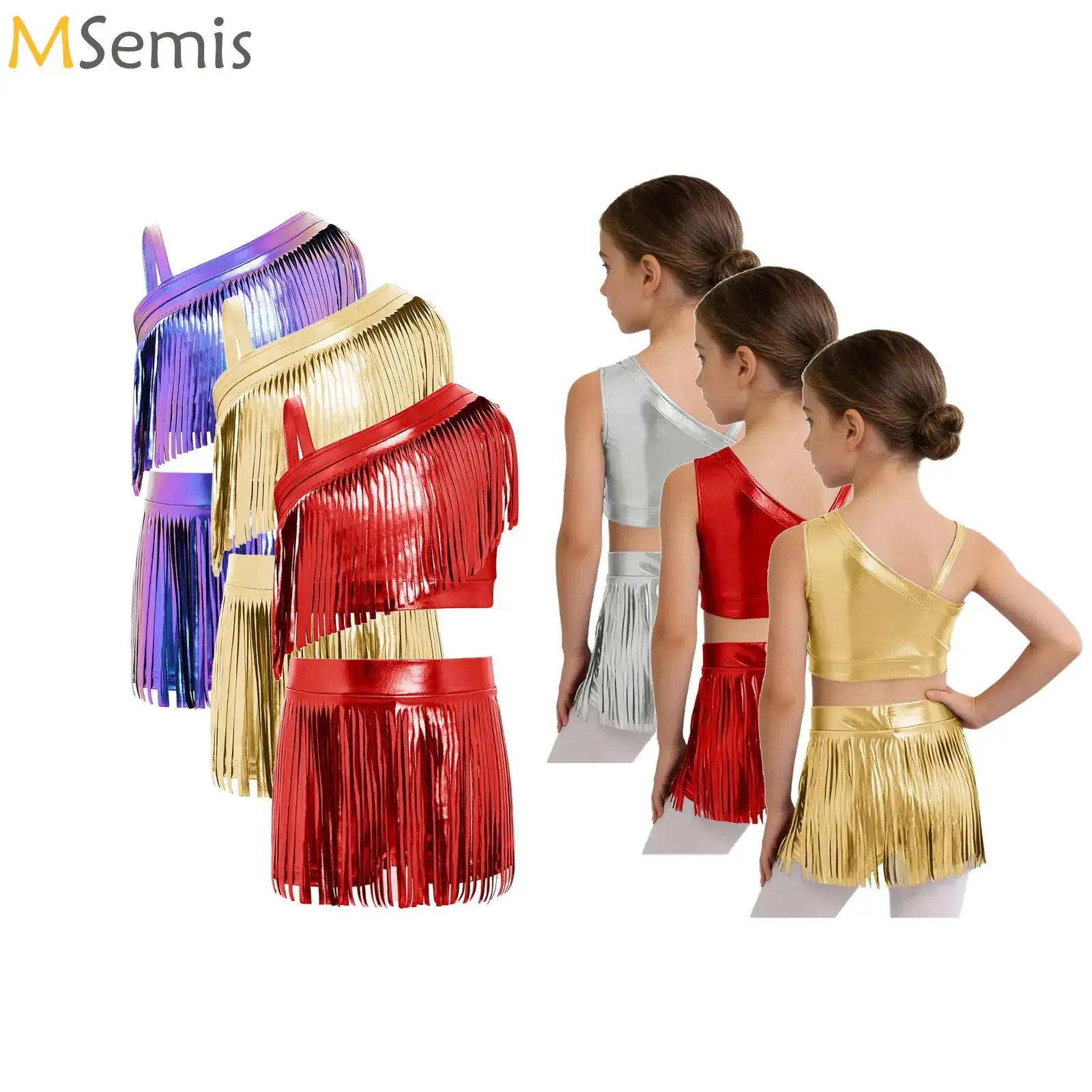 Kids Girls Metallic Tassel Latin Salsa Samba Dance Outfit Performance Costume Metallic Crop Top with Built-in Shorts Skirt Sets
Kids Girls Metallic Tassel Latin Salsa Samba Dance Outfit Performance Costume Metallic Crop Top with Built-in Shorts Skirt Sets