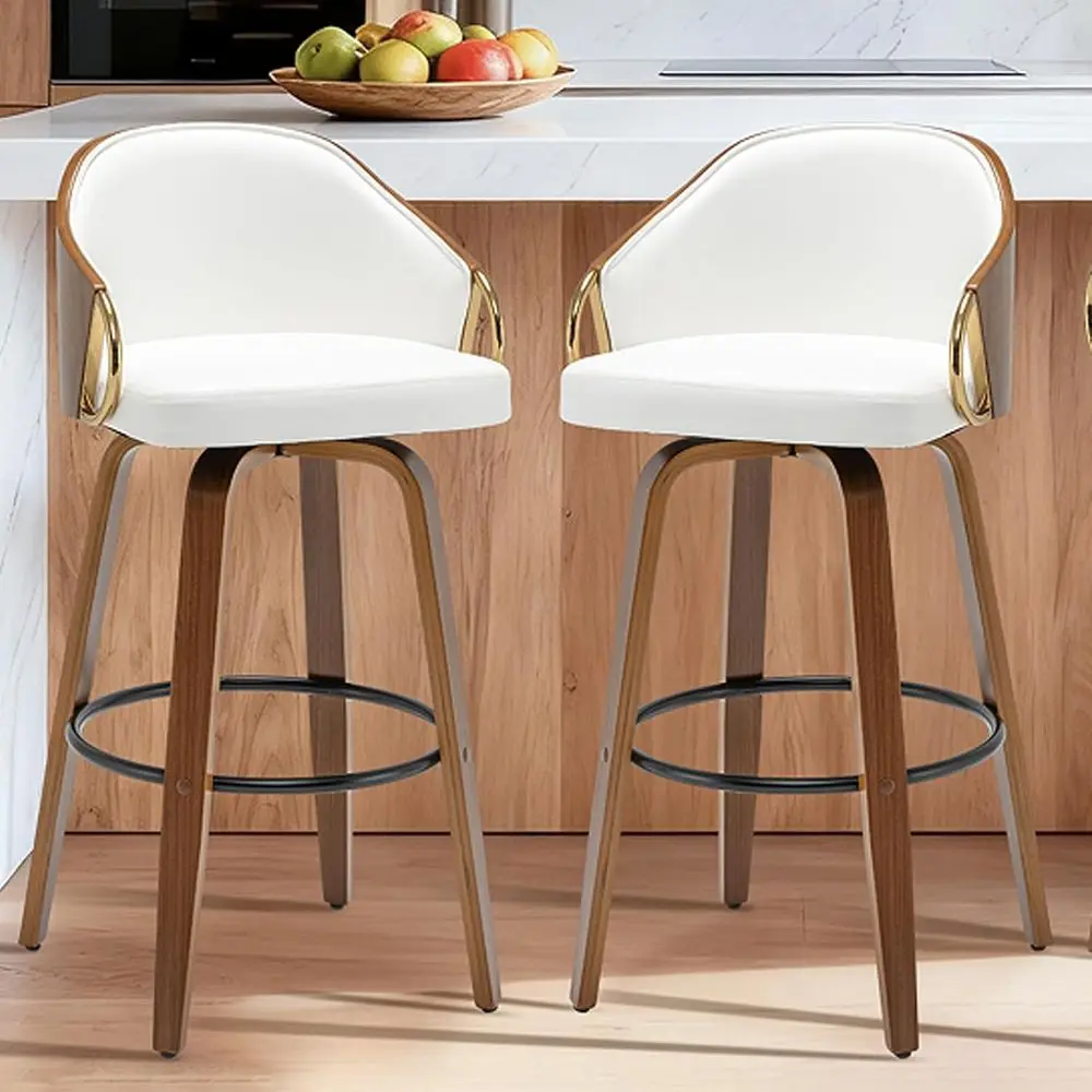 Pair of 30 White Leather Swivel Bar Stools with Wooden Legs and Gold Arms for Modern Kitchen, Dining, and Cafe Use
Pair of 30 White Leather Swivel Bar Stools with Wooden Legs and Gold Arms for Modern Kitchen, Dining, and Cafe Use