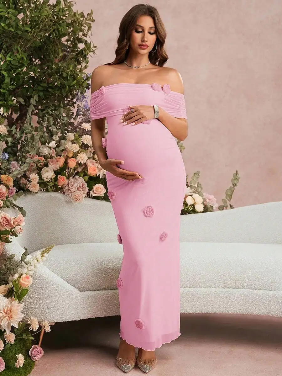 Elegant Off-Shoulder Maternity Dress With 3D Floral Appliques Solid Pink
Elegant Off-Shoulder Maternity Dress With 3D Floral Appliques Solid Pink